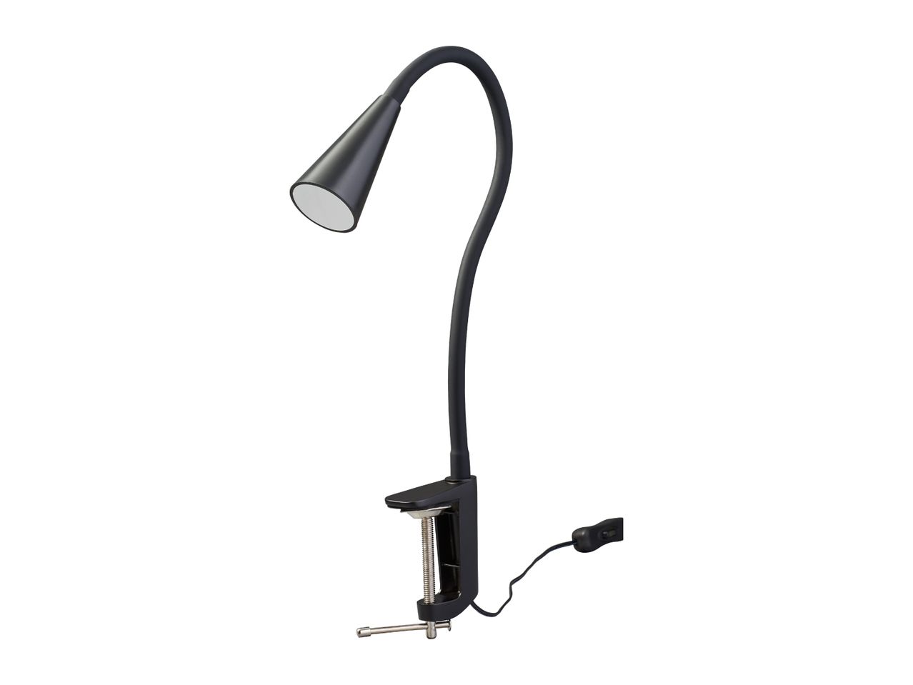 Black clamp desk lamp with a flexible gooseneck and conical shade