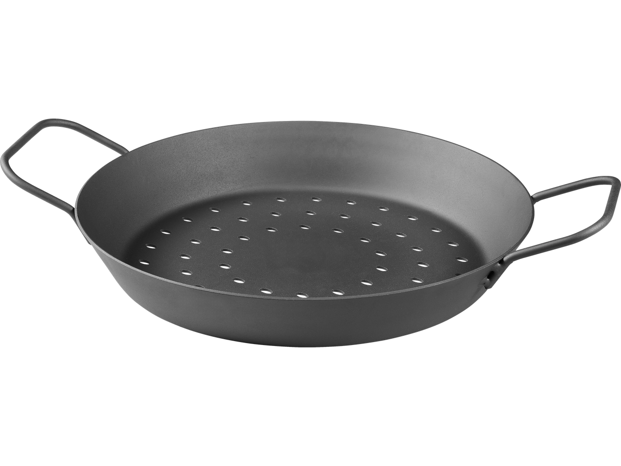 Perforated grill pan with two handles, dark grey