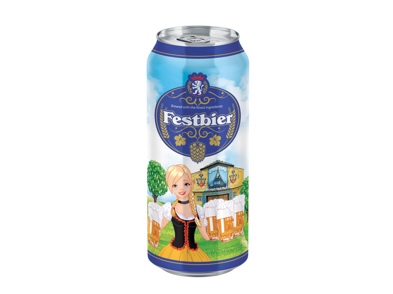 Limena konzerva piva sa ilustracijom žene u tradicionalnoj nošnji i natpisom 'Festbier'.