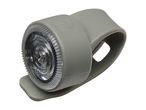 Grey silicone bicycle light with a clear lens and a power button symbol on top.