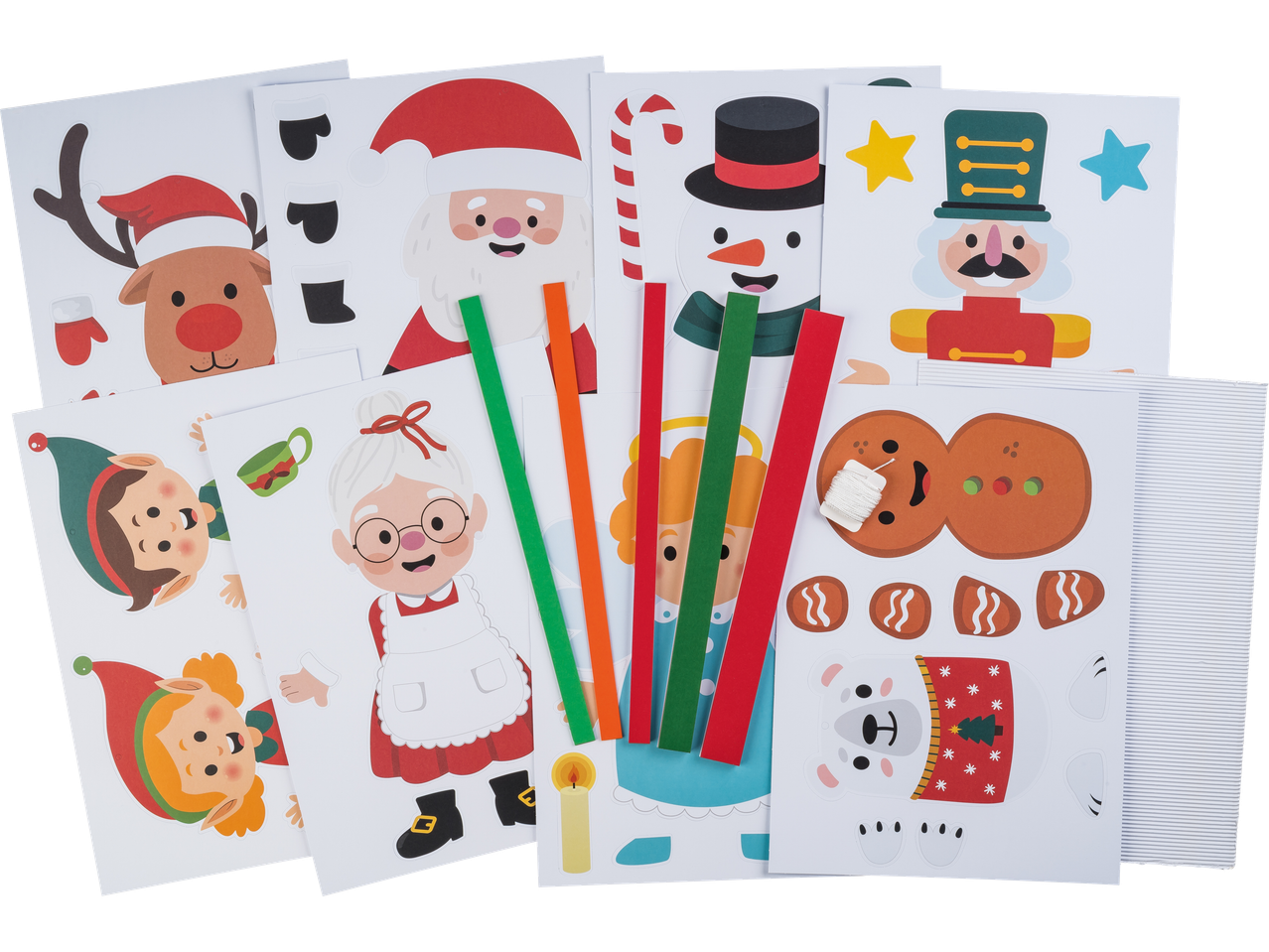 Crelando® radošais komplekts ar Ziemassvētku izgriezumiem: ziemeļbriedis, Ziemassvētku vecītis, sniegavīrs, riekstkodis, Ziemassvētku vecenīte, elfi, piparkūkas, polārlācis.