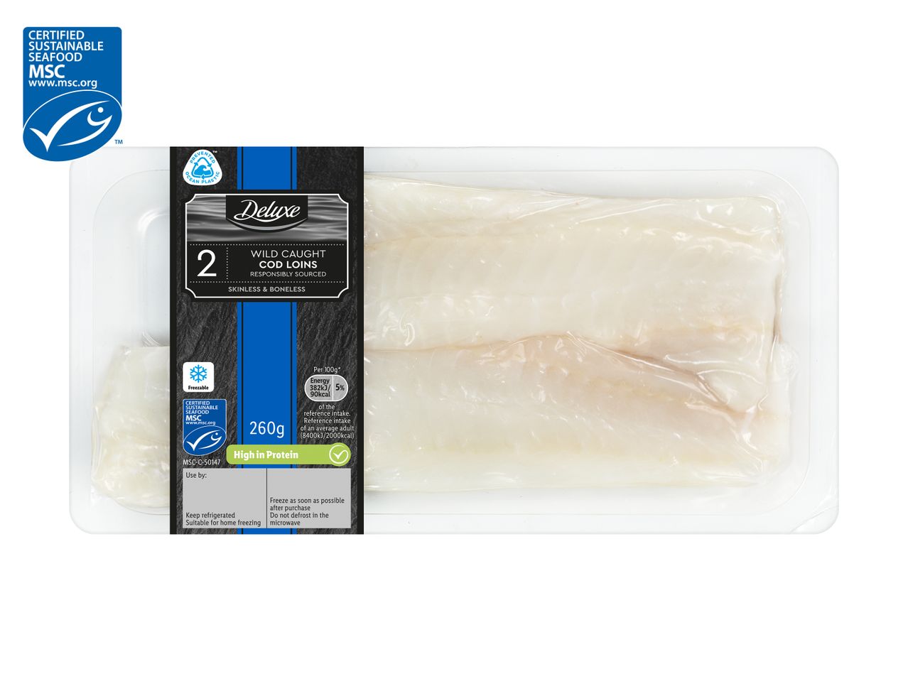 Deluxe wild-caught cod loins, responsibly sourced, MSC certified.