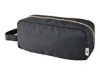 Black toiletry bag with a beige zipper and a small white label on the side.