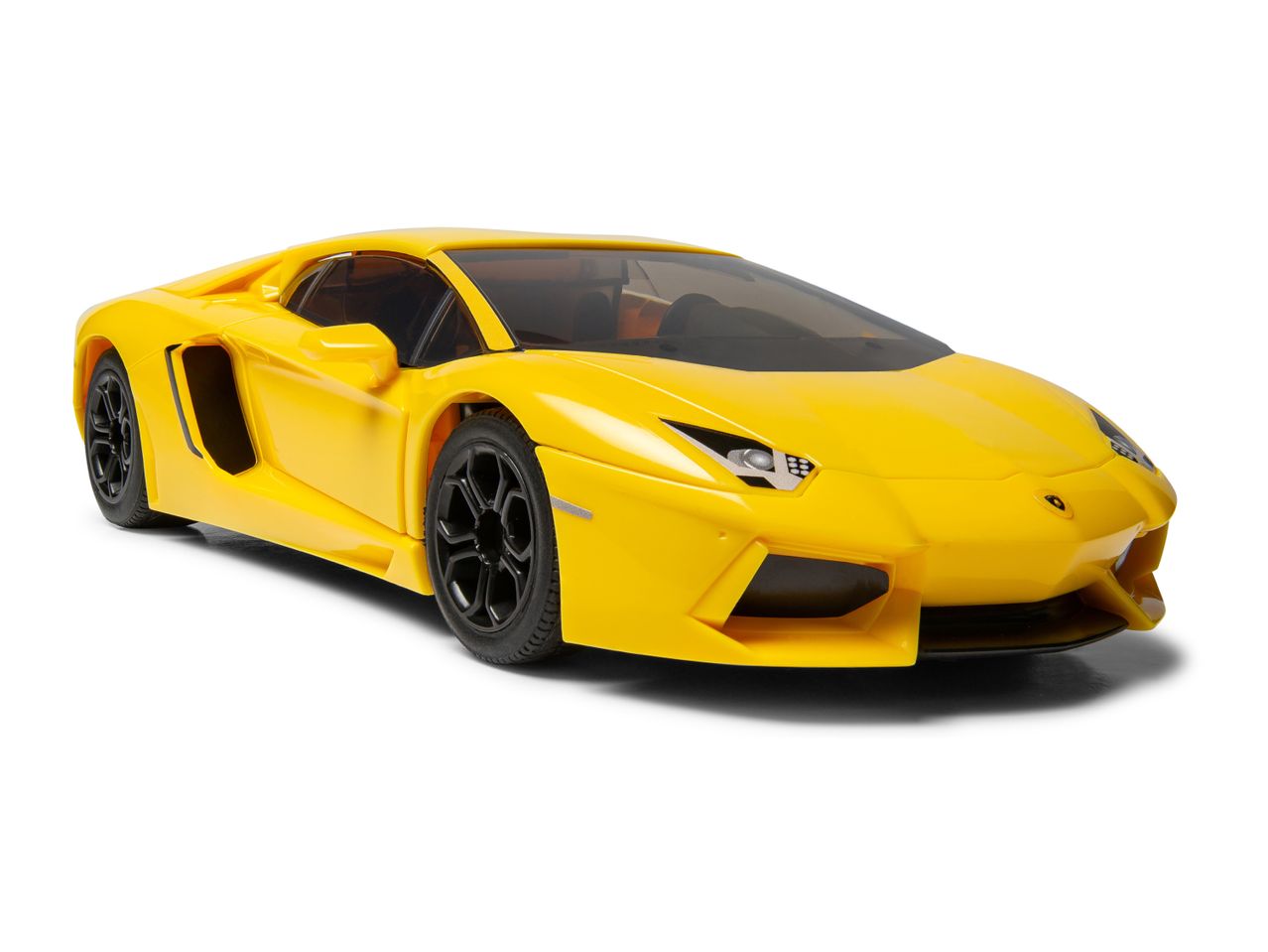 Yellow toy sports car with black wheels and tinted windows