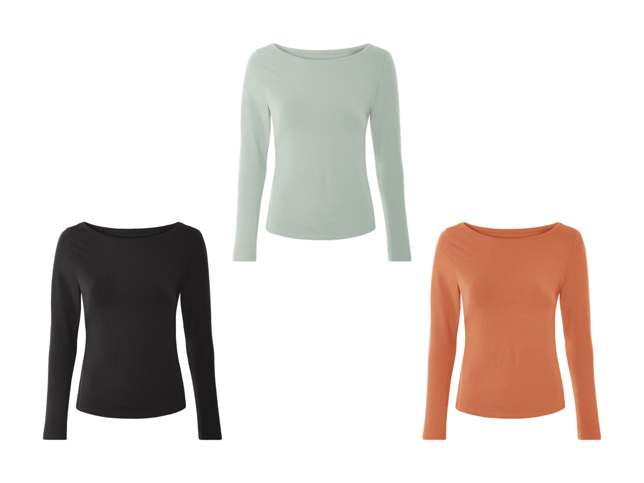 Drei Langarmshirts in Schwarz, Hellgrün und Orange.