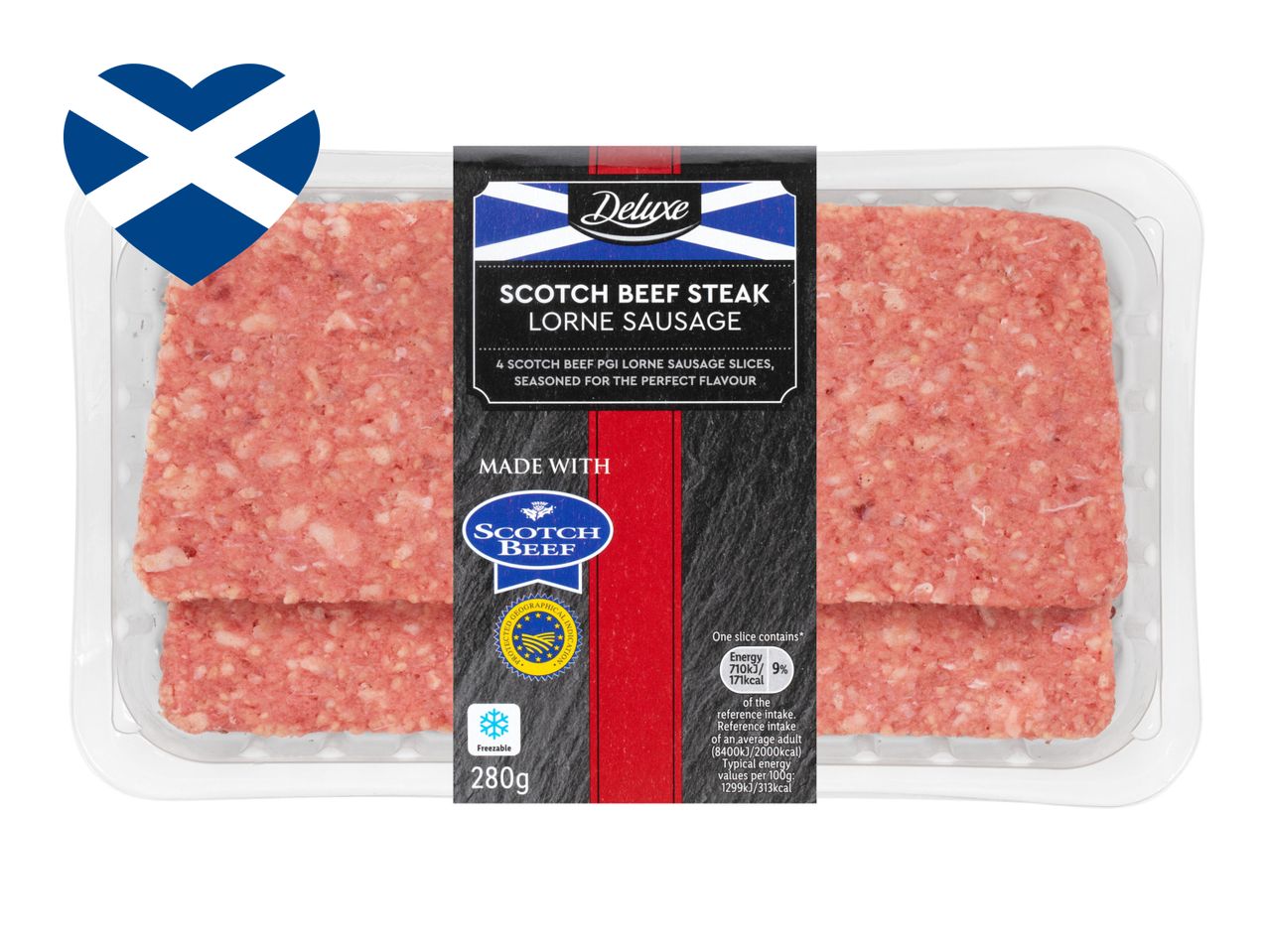 Scotch Beef Lorne sausage slices, Deluxe brand.