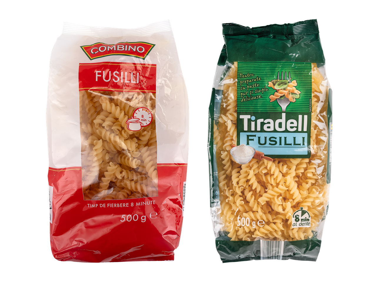 Două pungi de 500g de paste fusilli, una cu etichetă roșie și alta verde, ambele indicând 8 minute timp de fierbere.