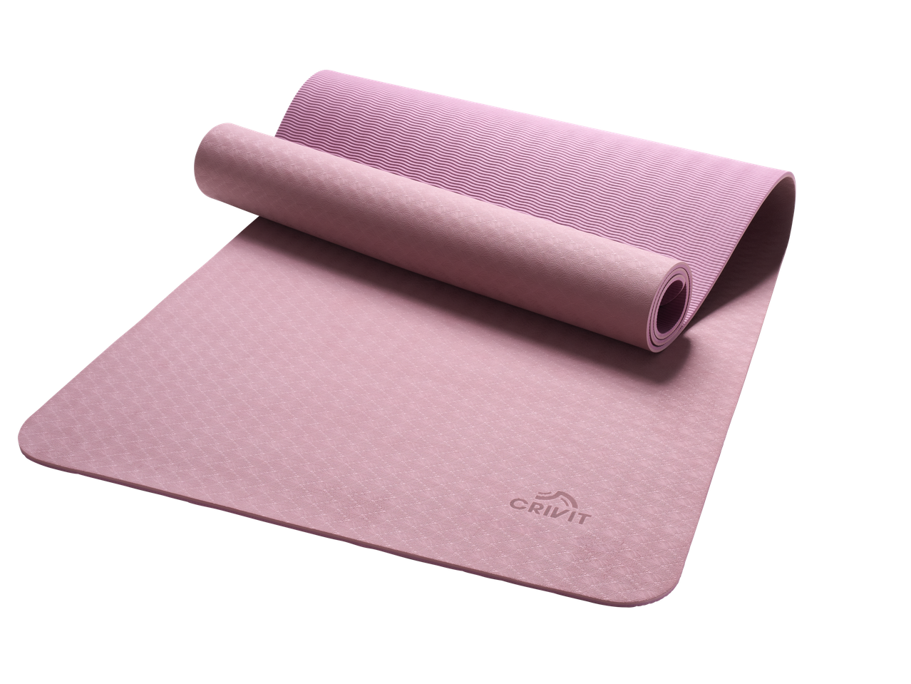 CRIVIT Yoga Mat, partially unrolled, showing textured surfaces in pink.