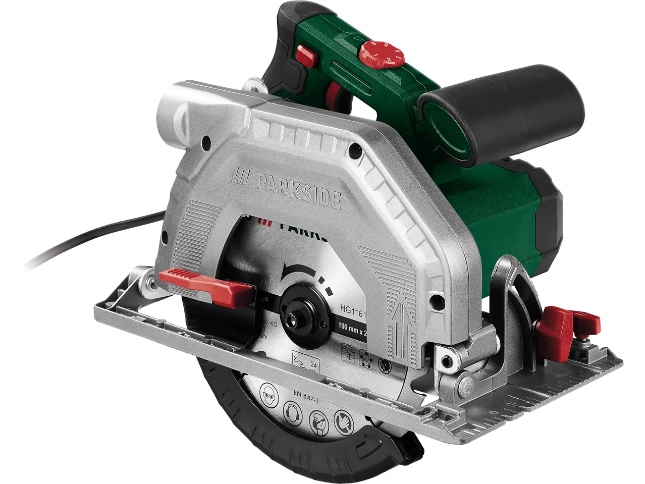 A Parkside circular saw with a 190mm blade and various settings.