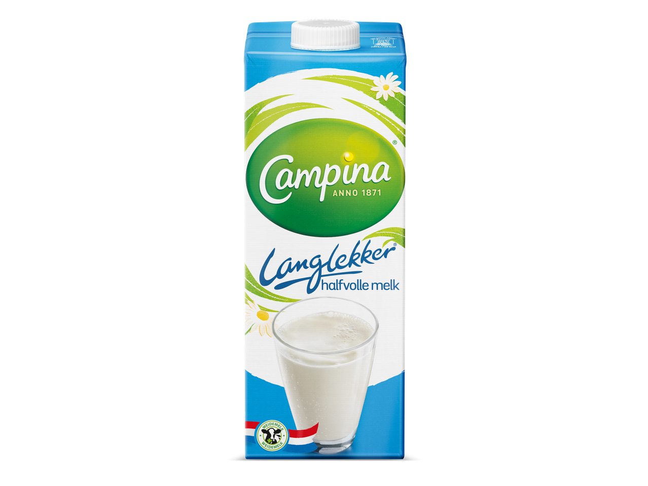 Een pak halfvolle melk met een glas melk en bloemen.