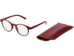 Red reading glasses with a matching textured case.