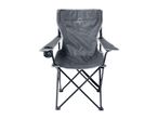 Grey folding camping chair with armrests and a cup holder.