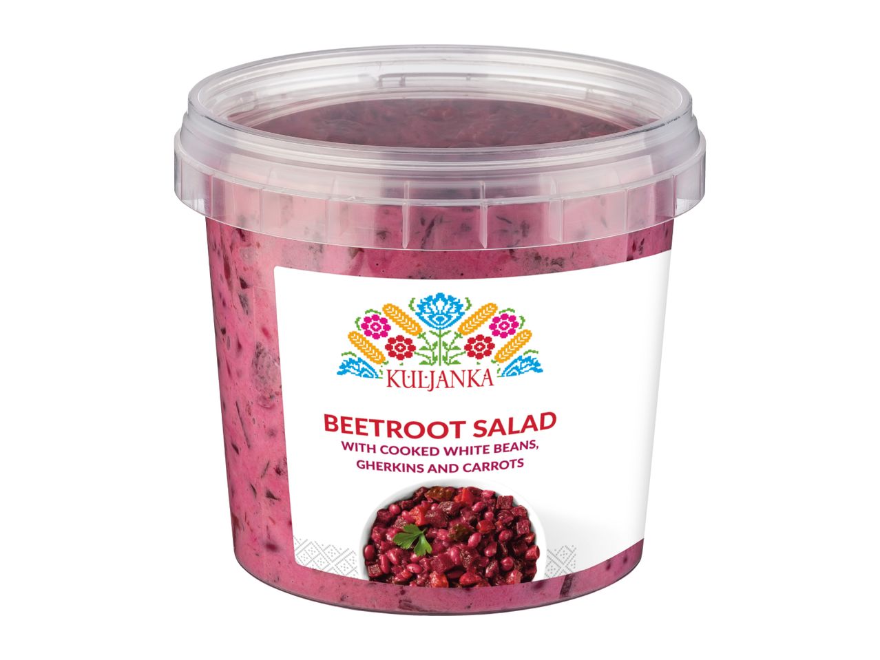 Beetroot salad with cooked white beans, gherkins, and carrots in a clear plastic tub.