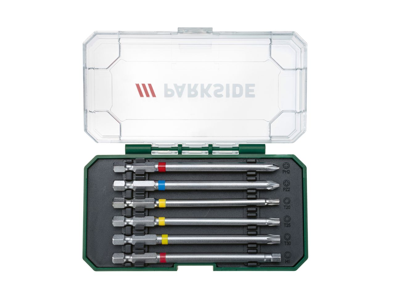 Parkside bit set in a green and clear plastic case.