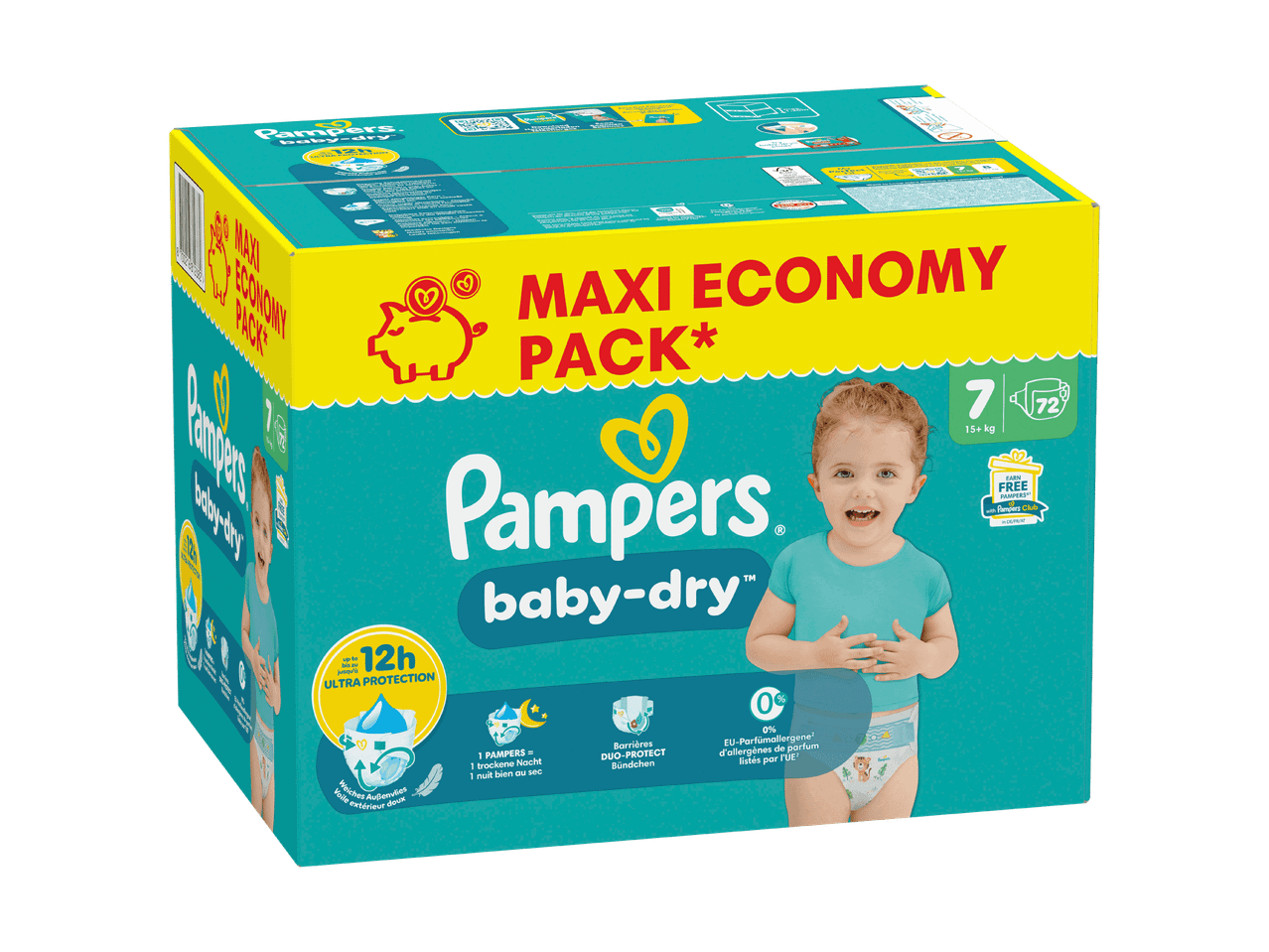 Paquet de couches Pampers Baby-Dry taille 7, avec 72 couches, pour 15+ kg.