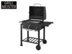 Black charcoal grill with an open lid, side shelf, and wheels, featuring 'GRILL MEISTER' text.