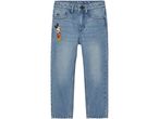 Blue denim jeans for kids with a Mickey Mouse graphic on the left leg.
