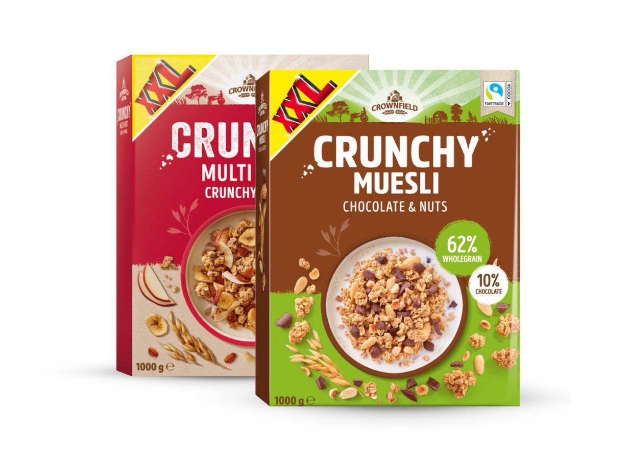 Dvije kutije žitarica Crownfield: višestruko hrskava i hrskava muesli s čokoladom i orašastim plodovima.
