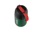 A green and black Parkside thermos with a red strap and lid.