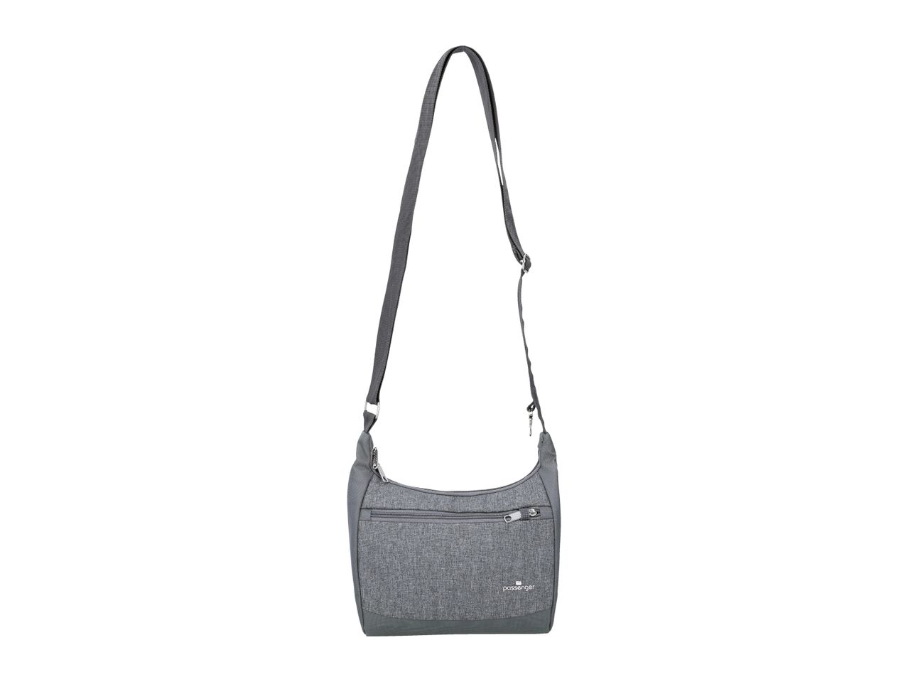 Grey crossbody bag with a front zipper pocket and an adjustable strap.