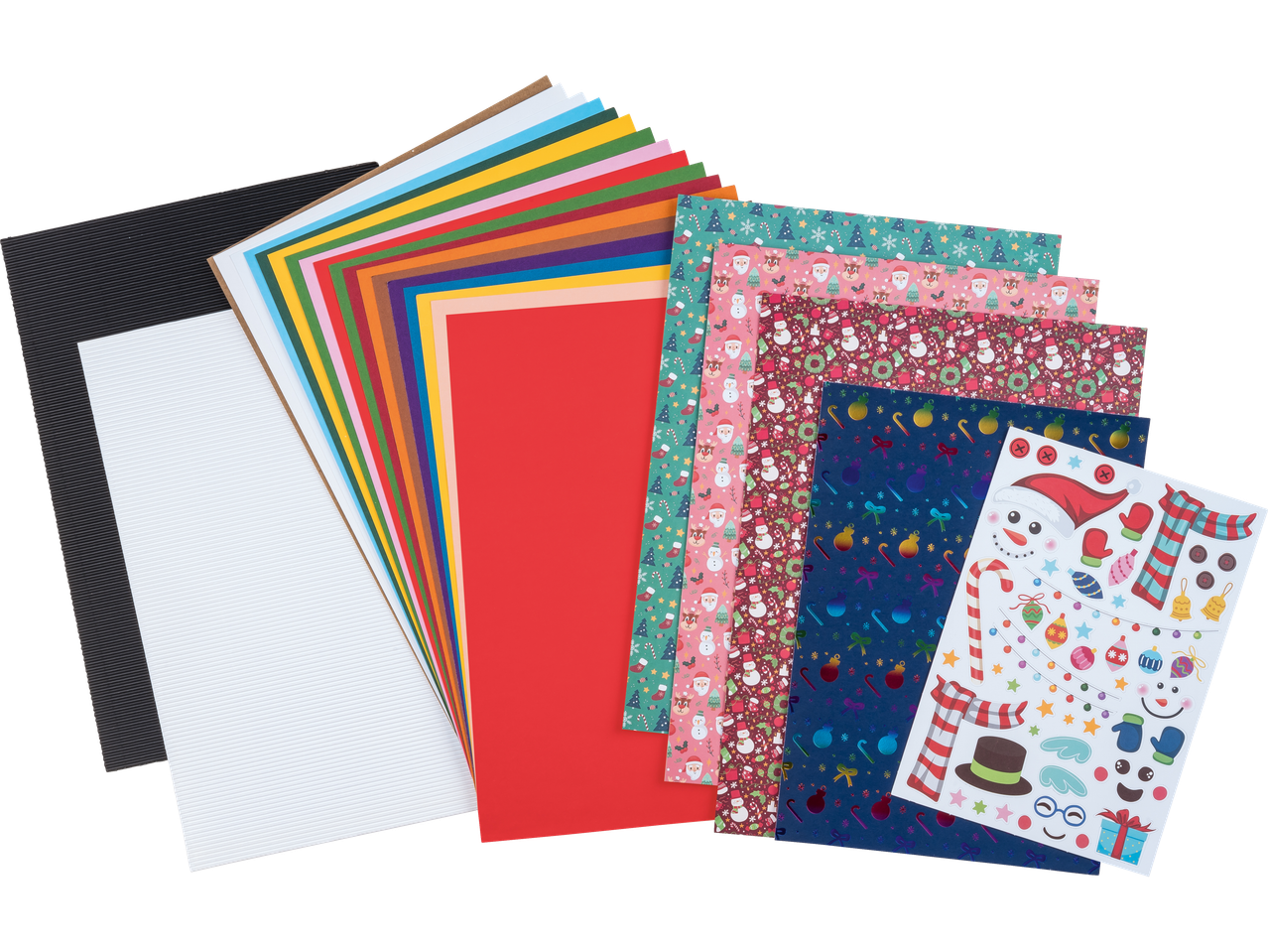 Crelando® amatniecības komplekts ar krāsainiem papīriem, gofrētu kartonu, Ziemassvētku rakstiem un uzlīmēm.
