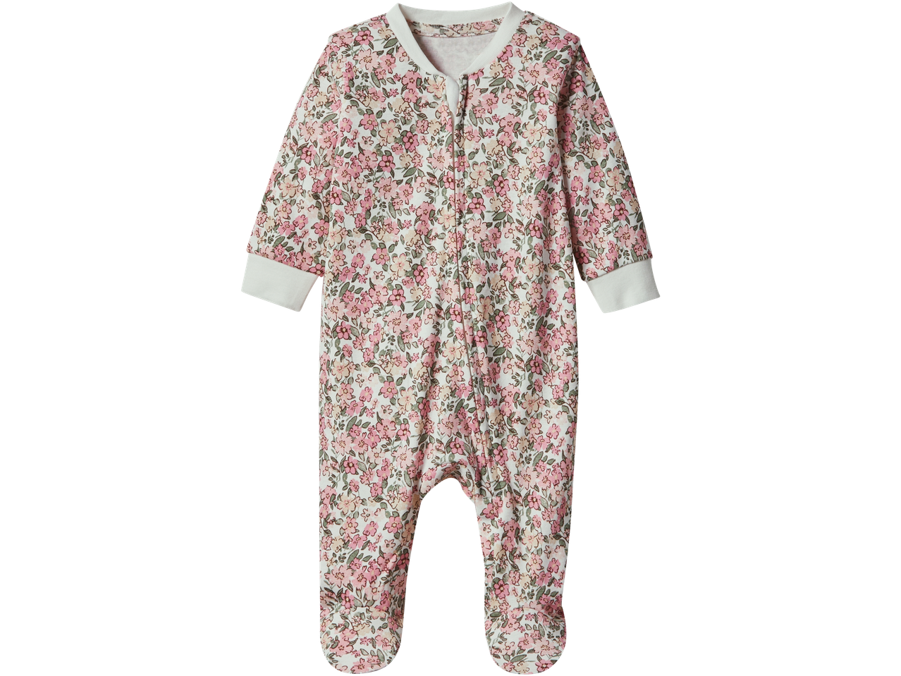 A lupilu® baby sleepsuit with a white background and a pink floral pattern.