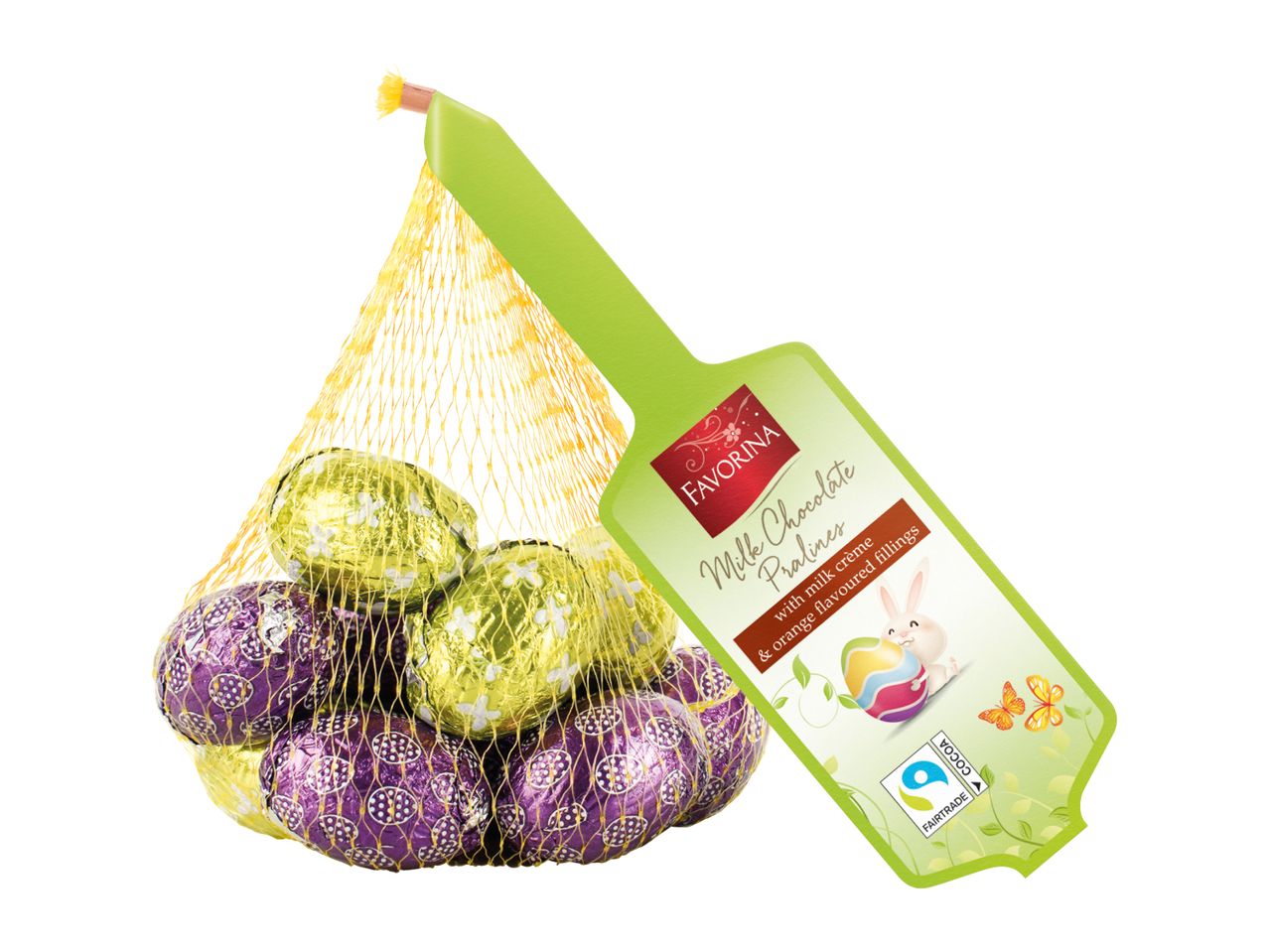 Mesh bag of milk chocolate pralines with milk creme and orange-flavored fillings, featuring an Easter bunny.