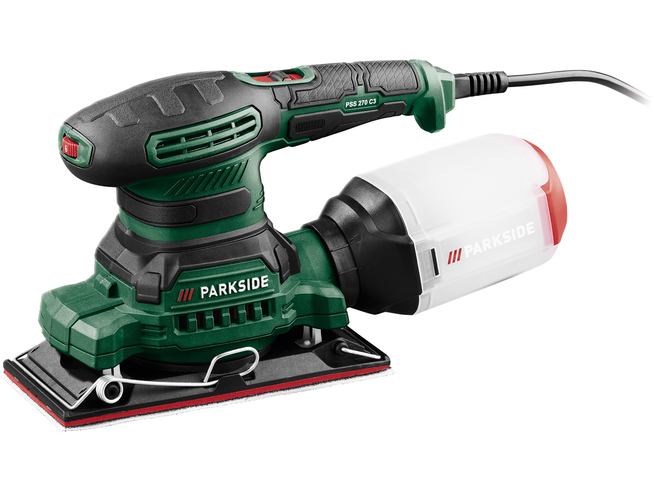 Zöld és fekete rezgőcsiszoló porgyűjtő tartállyal, fekete háttér előtt.