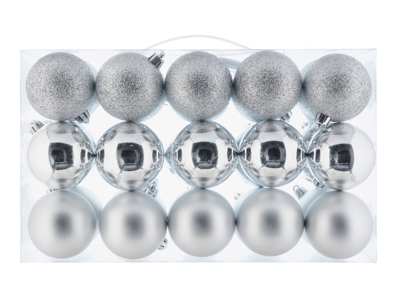 A clear plastic box containing 15 silver Christmas baubles in three different finishes.