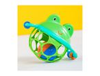 Green frog-shaped baby rattle with a colorful ball inside, on a yellow and white background.