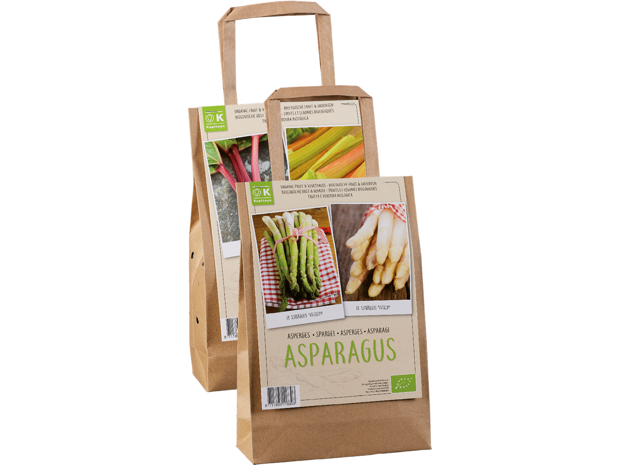 Två bruna papperspåsar med bilder av ekologisk sparris och rabarber.