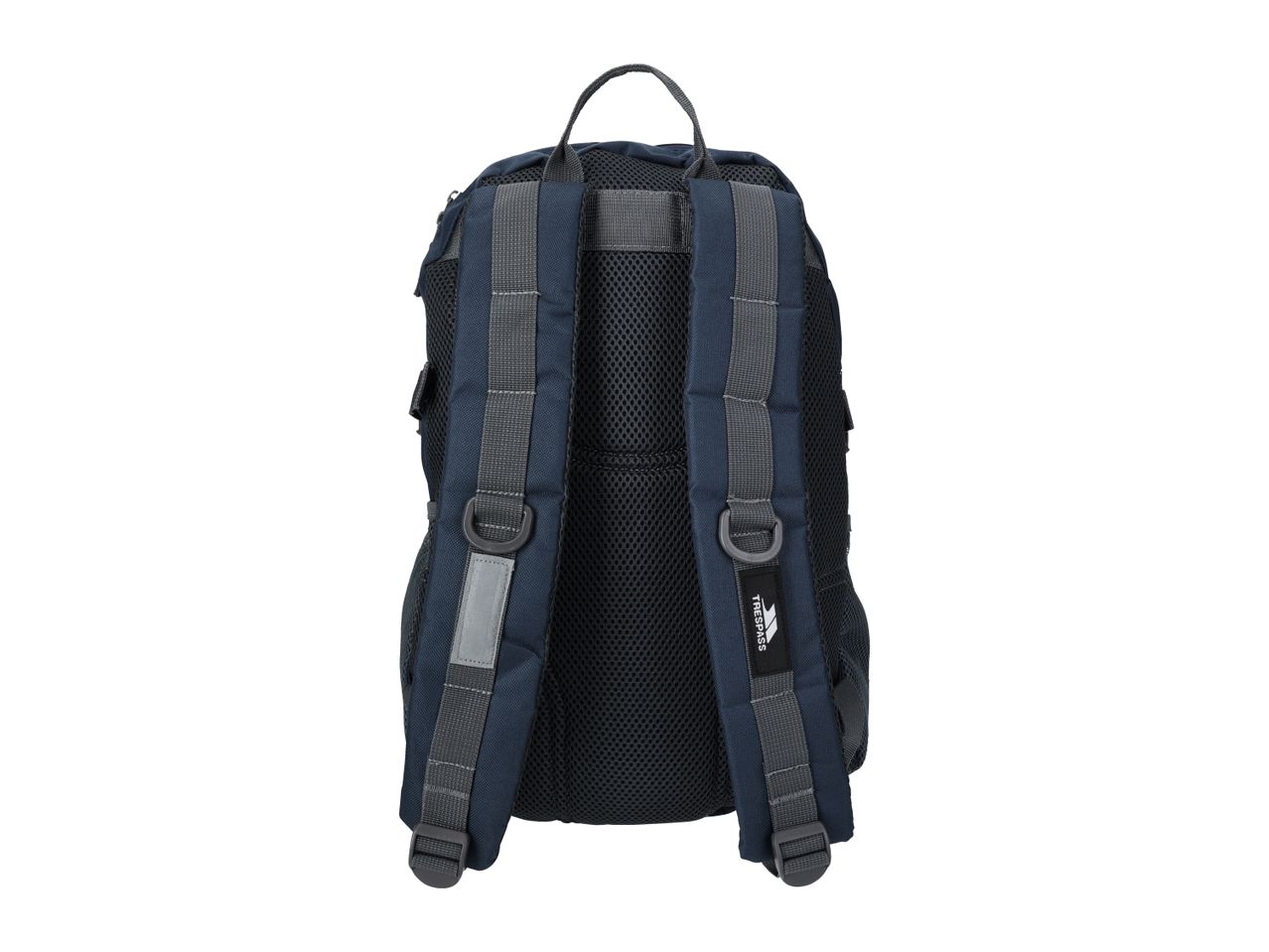 Back view of a navy blue Trespass backpack with gray straps.