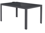 Mesa retangular cinzenta com tampo de vidro e estrutura metálica.