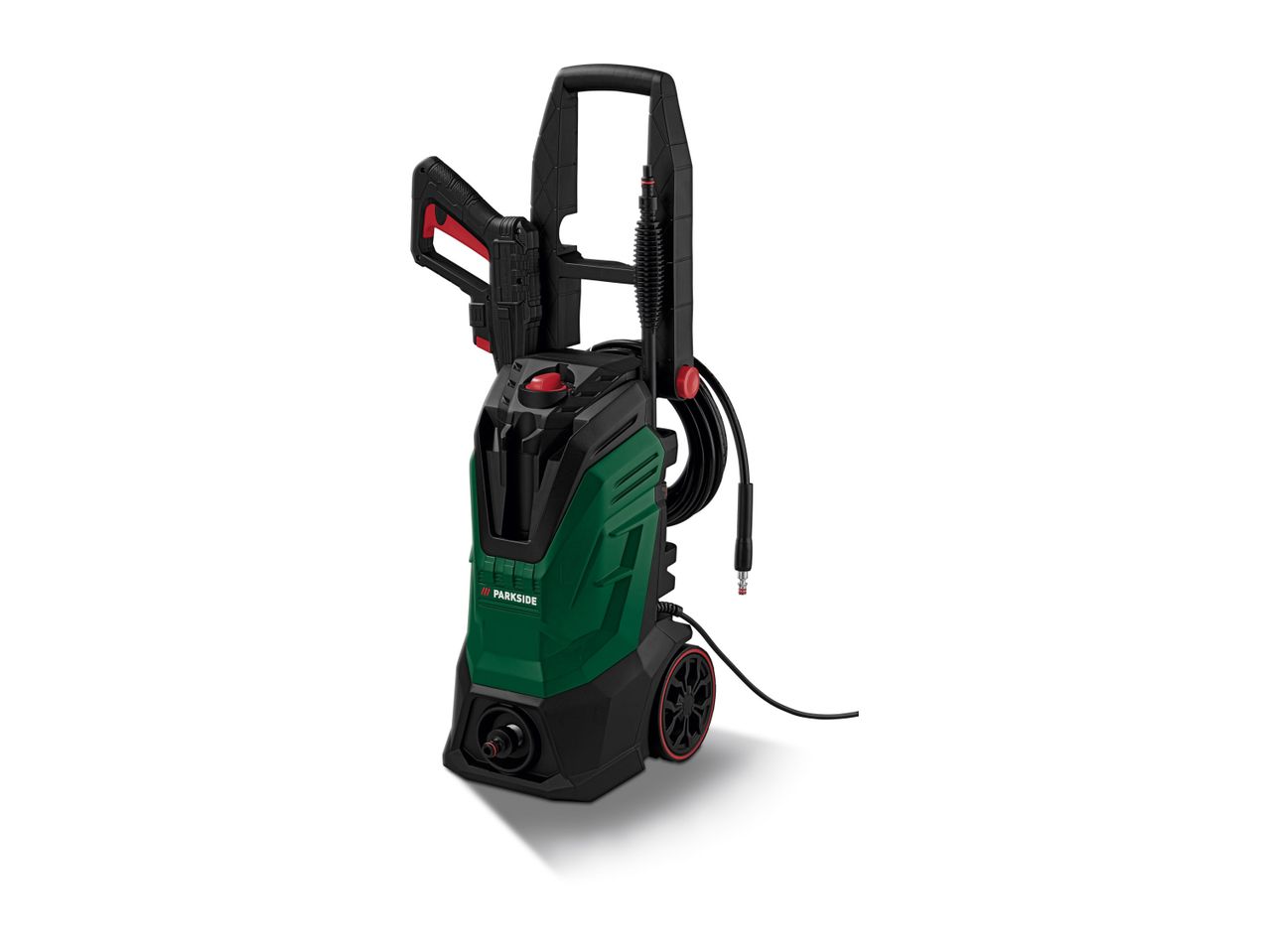 A green and black Einhell pressure washer with wheels.