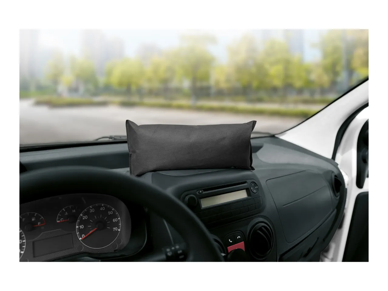 Charcoal air purifying bag on a car dashboard with a blurred outdoor background.