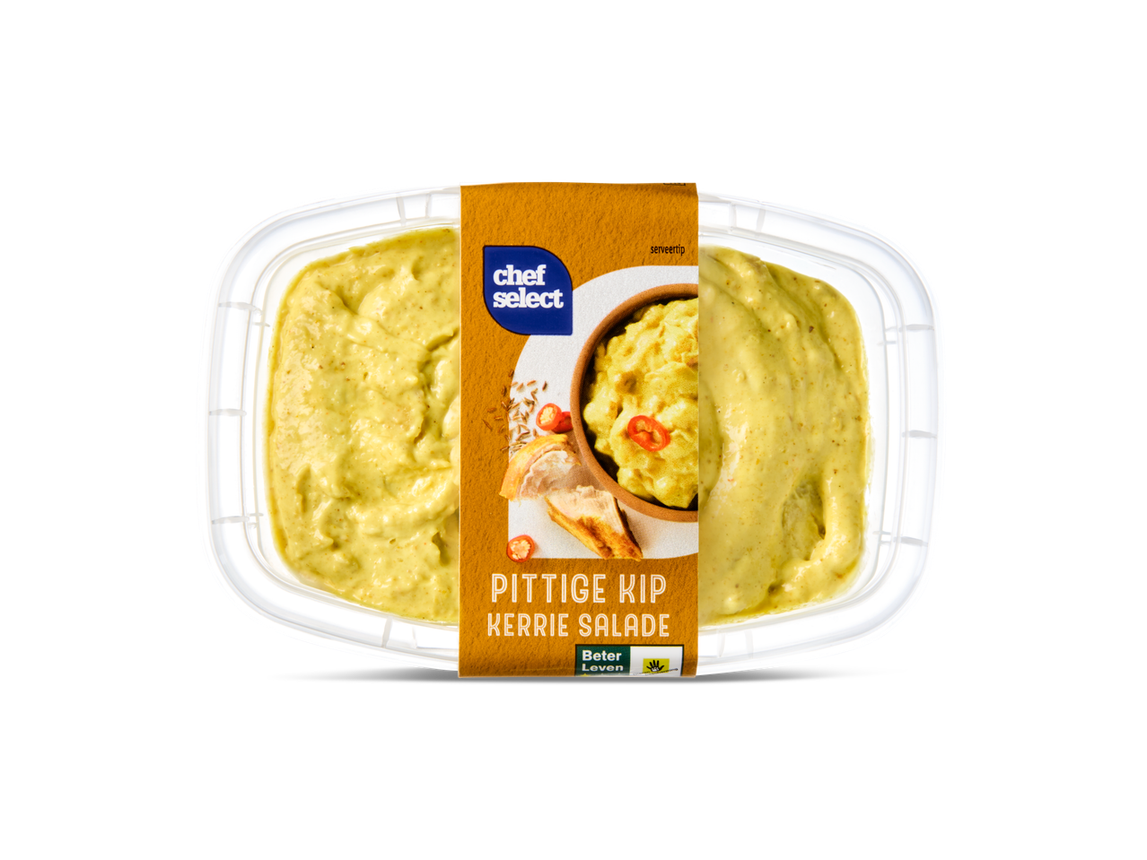 Chef Select Pittige Kip Kerrie Salade in een doorzichtige plastic bak.