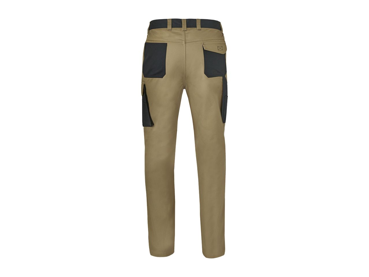 Khaki and black work pants with multiple pockets, viewed from the back.