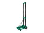 Green folding hand truck with black telescoping handle and wheels.