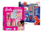 Otroški kompleti za nego zob z motivi Barbie in Spider-Mana.