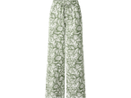 Pantaloni damă ESMARA verzi cu model floral alb, talie elastică cu șnur.