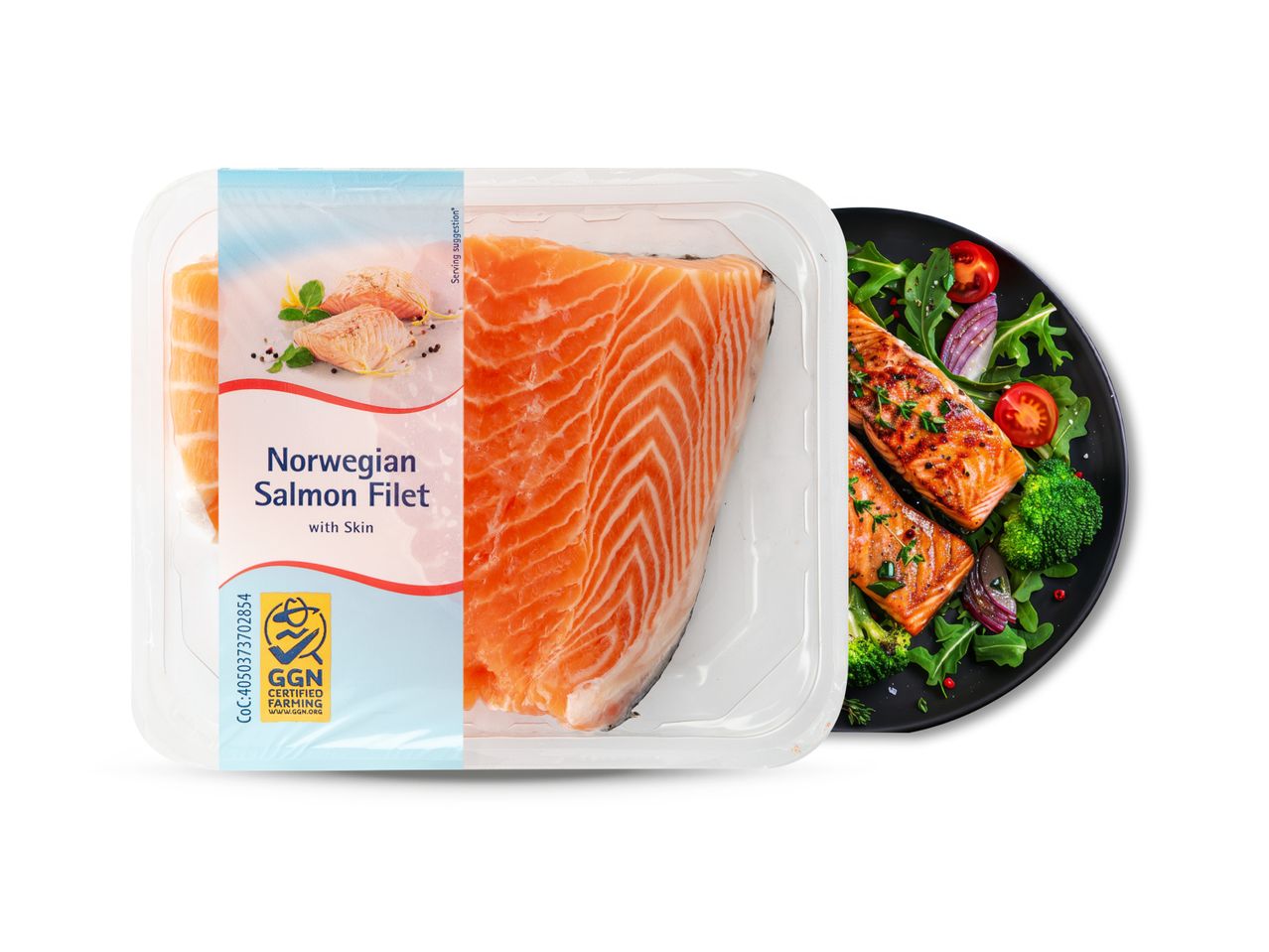 Pakiranje norveškog fileta lososa s kožom i tanjur s pečenim lososom i povrćem.