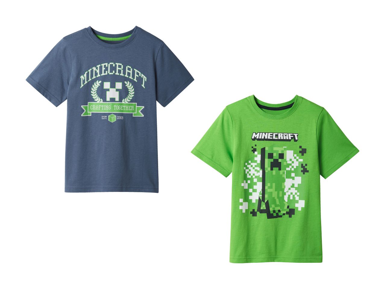 Zwei Minecraft-T-Shirts für Jungen: eines dunkelblau mit Logo, eines grün mit Creeper-Motiv.