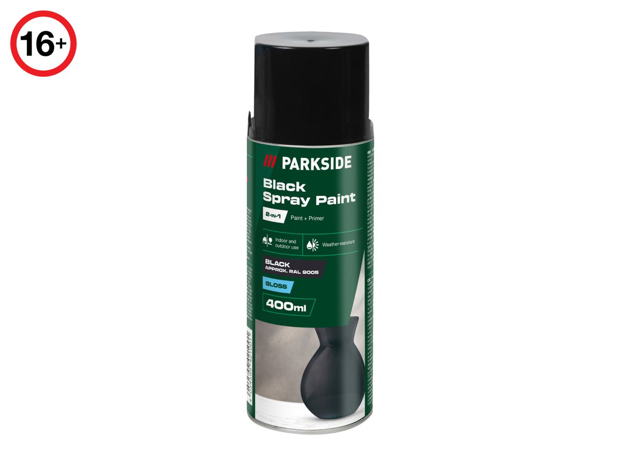 Black spray paint can, 400ml, with a 16+ age restriction.