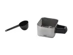 A small, black plastic coffee scoop and a stainless steel coffee filter.