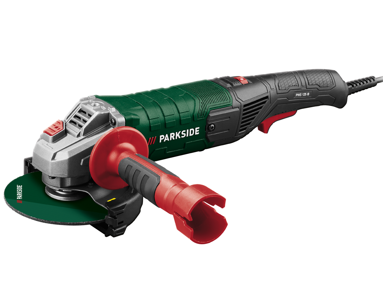 Ъглошлайф Parkside PWS 125 I8 в зелено и черно с червена дръжка и диск.