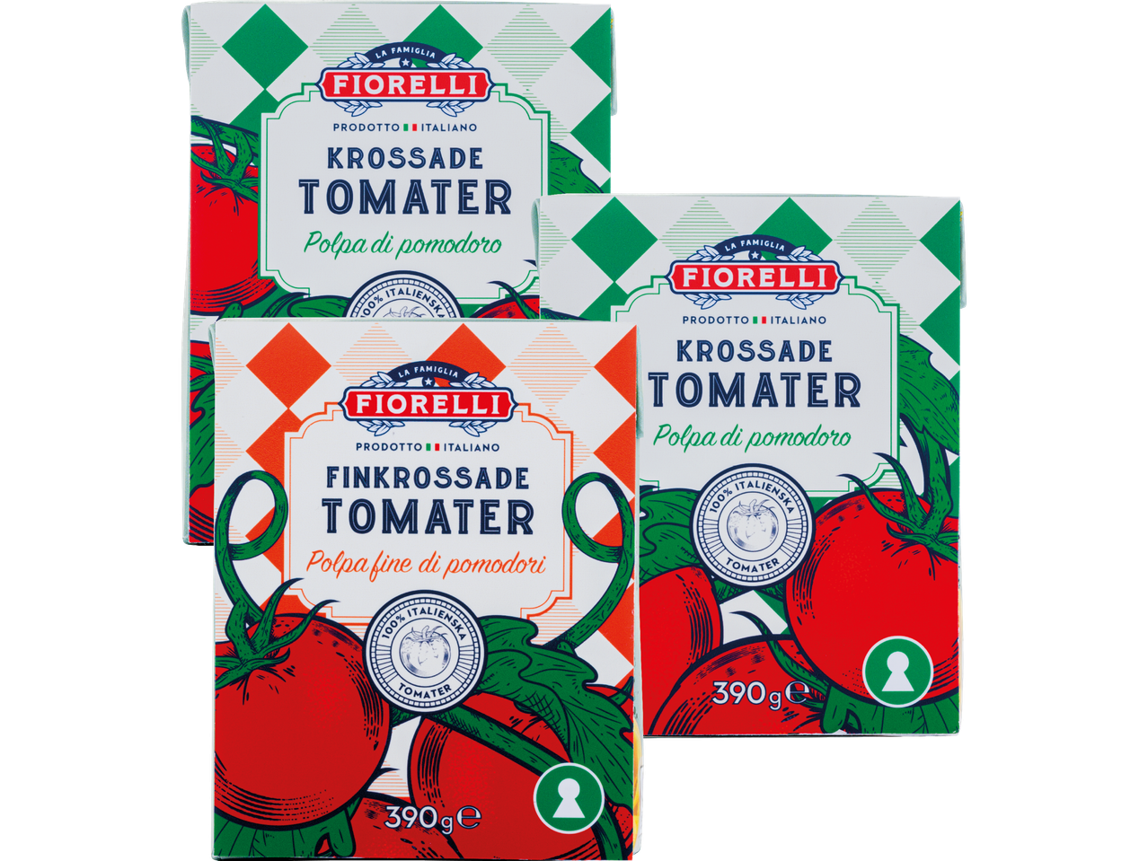 Tre förpackningar Fiorelli krossade tomater i olika varianter.
