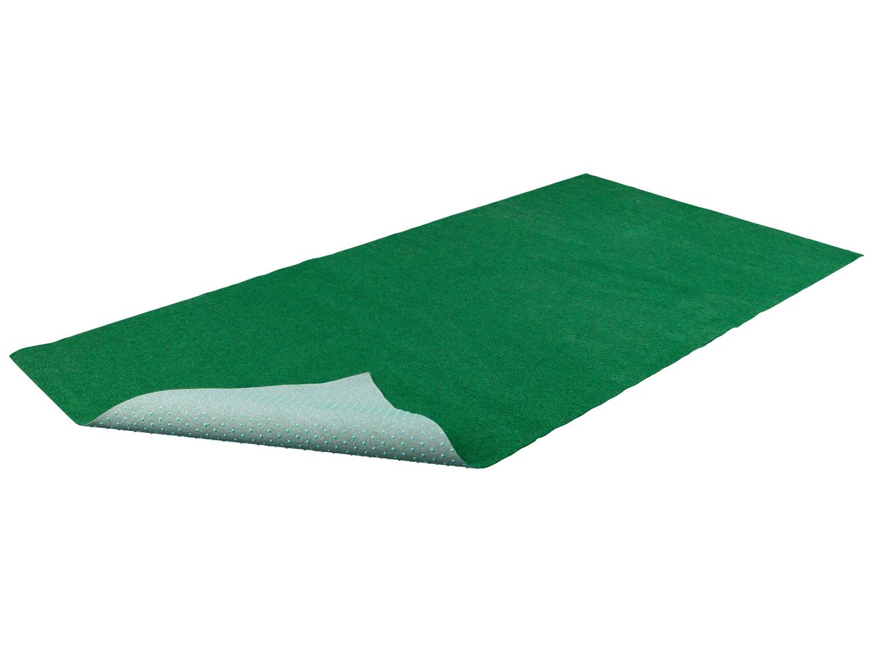 Green artificial grass carpet with a non-slip backing, partially rolled up.