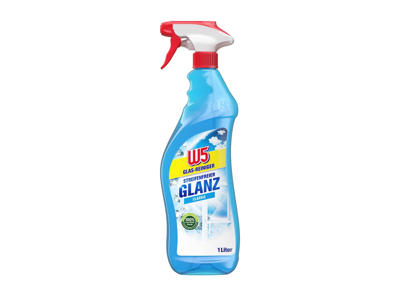 Blauer Glasreiniger in Sprühflasche mit der Aufschrift 'Streifenfreier Glanz Classic' und '1 Liter'.