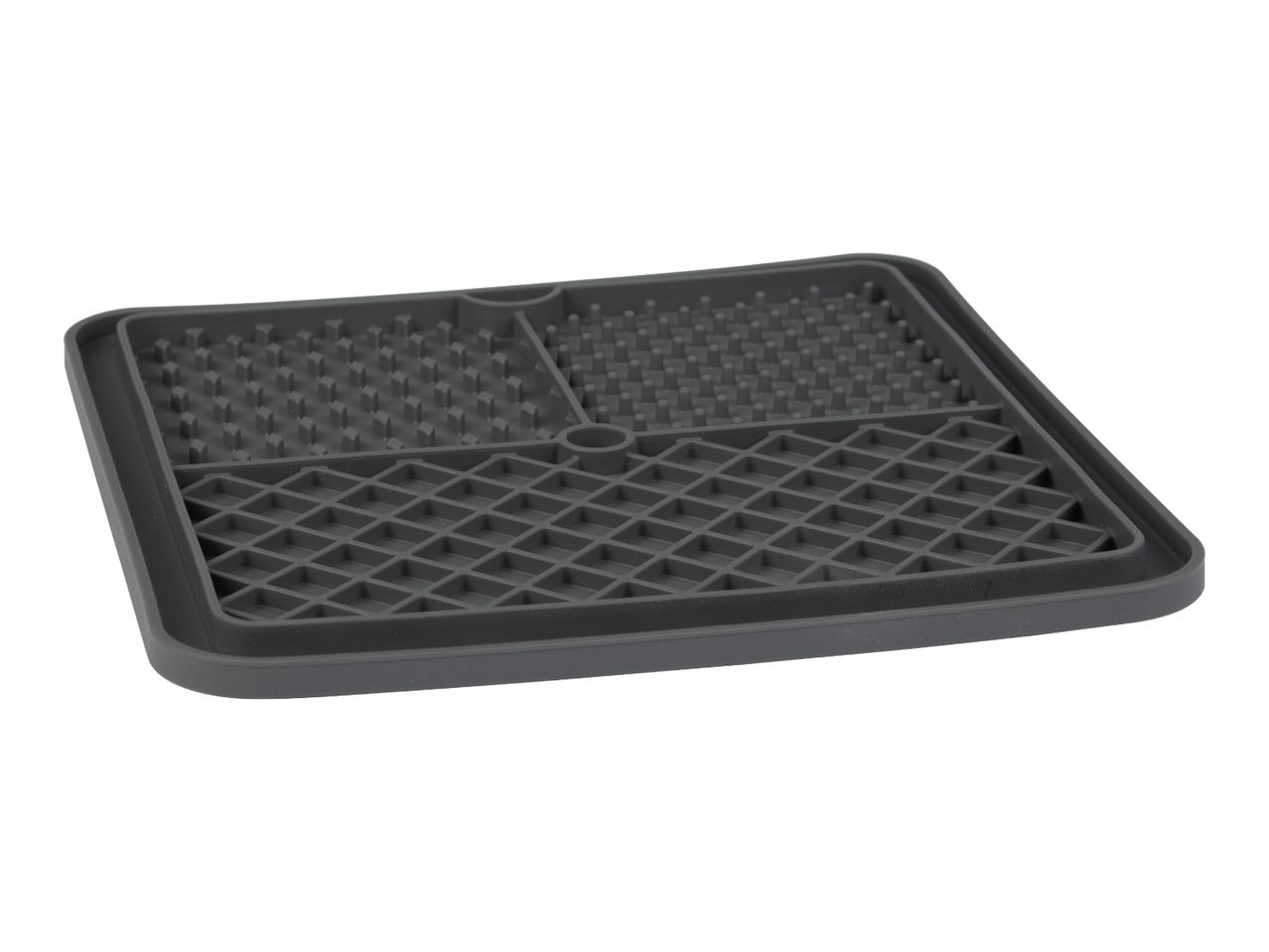 A dark grey silicone pet slow feeder mat with textured surfaces.