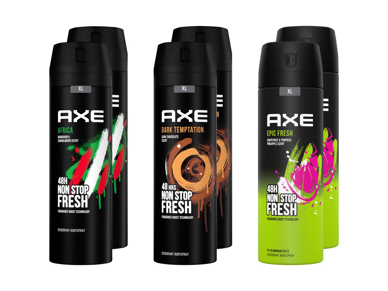 Deux déodorants Axe Dark Temptation et Africa, et deux Epic Fresh.